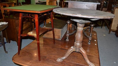 Lot 502 - Edwardian mahogany inlaid fold-over card table in Art Nouveau style and an oak tripod table