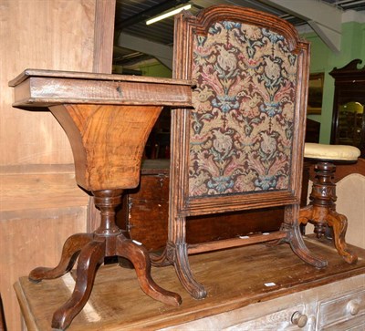 Lot 516 - Victorian walnut work table (a.f.), walnut revolving piano stool, carved oak firescreen with...