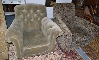 Lot 552 - A green upholstered button back armchair and another