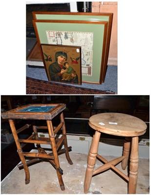 Lot 558 - Victorian tile top plant stand, Victorian stool and three framed prints