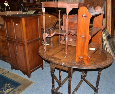 Lot 571 - A small Edwardian cabinet, oak drop-leaf table, two tier occasional table, open wall mounted...