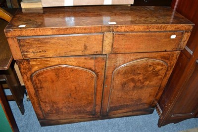 Lot 572 - Oak side cabinet with two drawers and arched panel cupboard doors