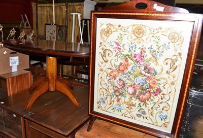 Lot 575 - A reproduction oval coffee table, oak fold-over table, reproduction inlaid firescreen, another...