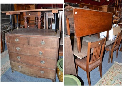 Lot 582 - Mahogany two drawer side table, washstand, two occasional tables, drop-leaf table, four dining...