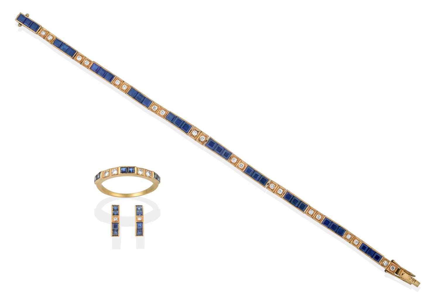 Lot 2388 - A Synthetic Sapphire and  Diamond Bracelet, Earring and Ring Suite