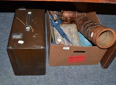 Lot 612 - Assorted coins, Japanese bamboo vase, copper kettle, Singer sewing machine, cameras etc