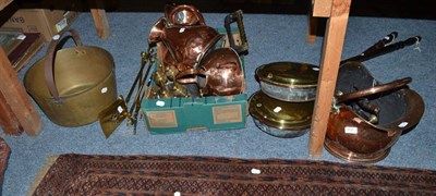 Lot 615 - Two copper measuring jugs, coal hod, pair of fire dogs, copper kettle, trivets, iron, two bed...