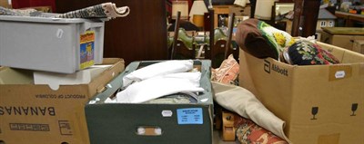 Lot 620 - Assorted white linen and textiles, artists easel, paints, pastels and other materials, machine...