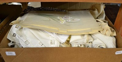 Lot 622 - Assorted white linen and textiles, costume etc (two boxes)