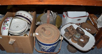 Lot 624 - Stoneware crock, two carpet beaters, two soda-siphons, pottery wash jugs, set of scales, enamel...