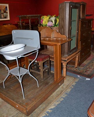 Lot 644 - An oak lectern, tin washstand with enamel bowl, oak chest of drawers and a Victorian oak corner...