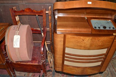 Lot 652 - Walnut Dynatron radiogram, two boxes of assorted framed prints, enamelled bucket, commode...