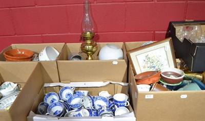 Lot 675 - Assorted blue and white pottery, glassware, ceramics, household items etc (nine boxes)