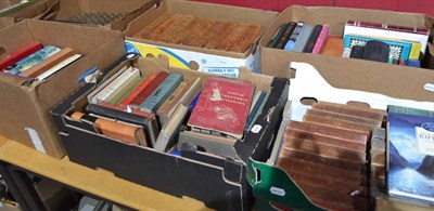 Lot 678 - Ten boxes of assorted sundry volumes including fiction, eleven bound volumes of Dickens,...