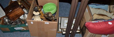 Lot 680 - Assorted needlework cushions, plated wares, hinged mahogany box, pottery, table lamp, pictures...