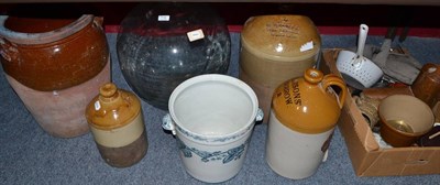 Lot 716 - Glass carbouy, pottery crock, stoneware flagons, copper boot warmer, pottery, glass etc