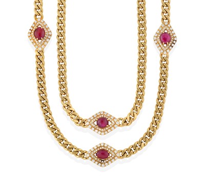 Lot 2322 - A Ruby and Diamond Necklace, three clusters...