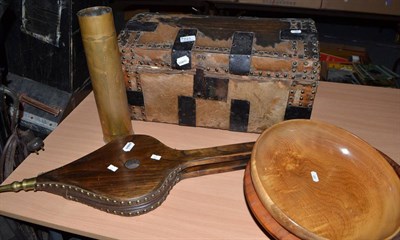 Lot 721 - Hide covered small domed casket, two turned wooden bowls, shell case and a pair of bellows