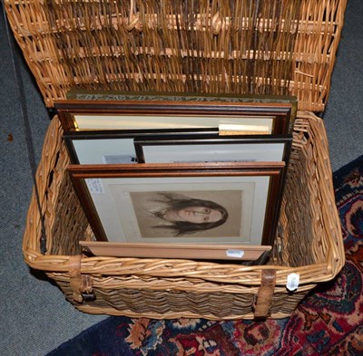 Lot 724 - Wicker hamper and assorted framed pictures