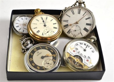 Lot 11 - A silver pocket watch and a silver chain, eight-day pocket watch, silver fob watch and two...