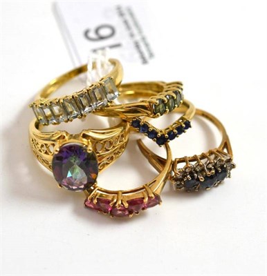 Lot 16 - Six 9ct gold stone set dress rings, including a foiled topaz, sapphire etc