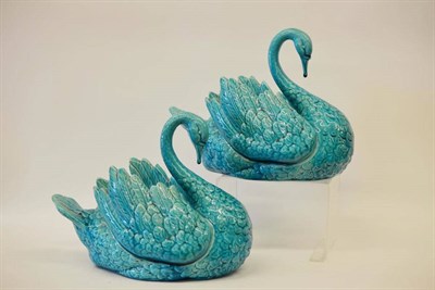 Lot 880 - A Pair of Burmantofts Faience Pottery Swan Planters, turquoise/blue glaze, impressed...