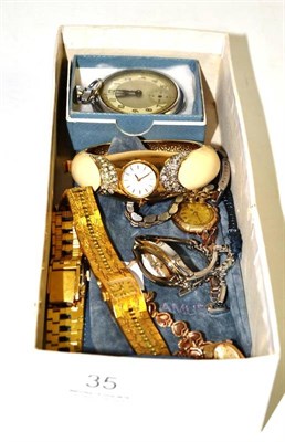 Lot 35 - A lady's 9ct gold wristwatch, six other lady's wristwatches and a pocket watch (8)