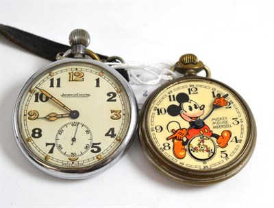 Lot 43 - A Mickey Mouse Ingersoll pocket watch and a military Jaeger LeCoultre pocket watch with broad arrow