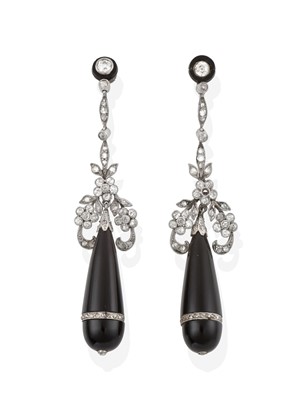 Lot 2347 - A Pair of Onyx and Diamond Drop Earrings,...