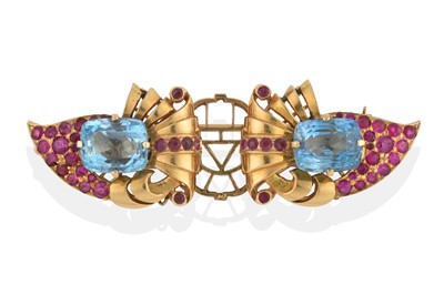Lot 2331 - A Blue Topaz and Synthetic Ruby Double Clip Brooch