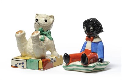 Lot 885 - "Branch and Squares ": A Clarice Cliff Teddy Bear Bookend, shape No.407, with green bow tie,...