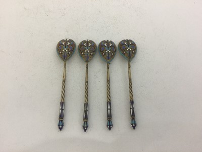 Lot 2059 - A Set of Four Russian Silver and Enamel Spoons,...