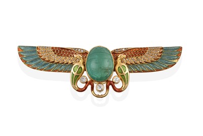 Lot 2305 - An Emerald, Diamond and Enamel Winged Brooch,...