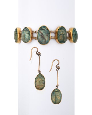 Lot 2327 - A Scarab Beetle Bracelet and Matching Earrings