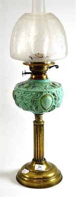 Lot 94 - Victorian turquoise glass oil lamp with brass column