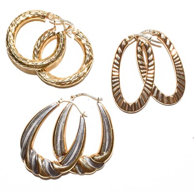 Lot 113 - Three pairs of hoop earrings, varying designs