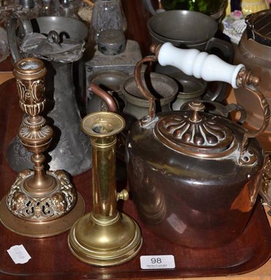 Lot 98 - Pair of dated and signed pewter mugs and a tray of other metalware