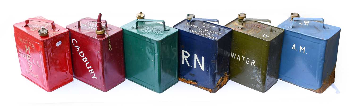 Lot 80 - Six Vintage 2-Gallon Fuel Cans, repainted, to...