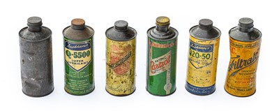 Lot 104 - Six Vintage Cylindrical Oil Cans, with screw...