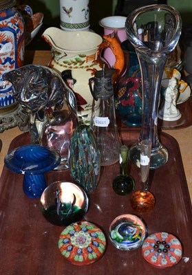Lot 112 - A glass cat (a.f.), six paperweights, a glass vase, WMF lidded jug and two small vases