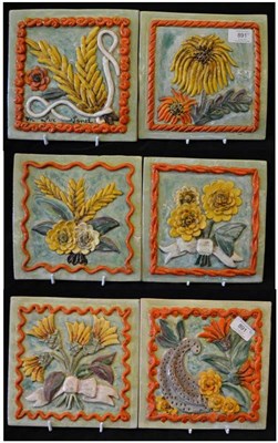 Lot 891 - Luc Lanel (French 1893-1965): Six Pottery Tiles, each decorated with sheaths of corn and floral...