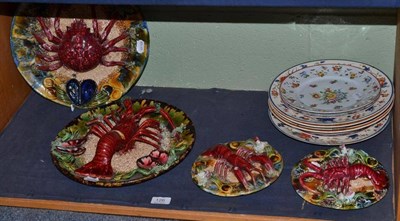 Lot 126 - Two large and two small majolica ";sea food"; platters, two decorated bowls (one a.f.) and...