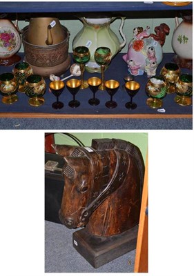 Lot 131 - Glass and ceramics, brass and a carved wood horses head (a.f.)