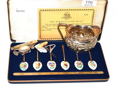 Lot 170 - Cased set of six silver gilt and enamel spoons, mother-of-pearl fruit knife, white metal sweet pill