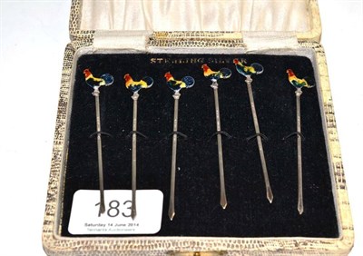 Lot 183 - Set of six silver and enamel cocktail sticks (cased)
