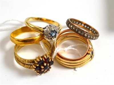 Lot 190 - A 22ct gold band ring (a.f.), two 9ct gold band rings, two 9ct gold dress rings and two more rings
