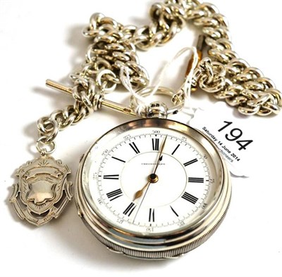 Lot 194 - A silver chronograph pocket watch with a heavy gauge graduated curb link watch chain