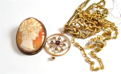 Lot 196 - A 9ct gold brooch, fancy link chain, a pair of two coloured earrings, a cameo brooch and an...