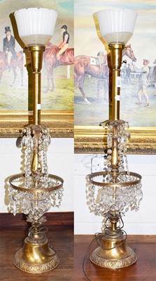 Lot 330 - A pair of gilt metal lustre drop table lamps...