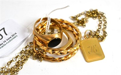 Lot 197 - Two 9ct gold signet rings, a pair of twist hoop earrings and a pendant on chain